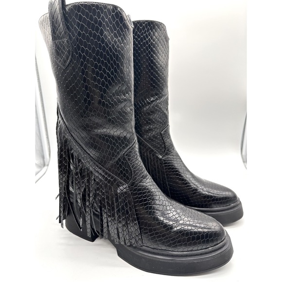 The Unbranded Brand Shoes - Womens Black Gothic Faux Snakeskin Moto Biker Fringe Chunky Platform Boots 11/42